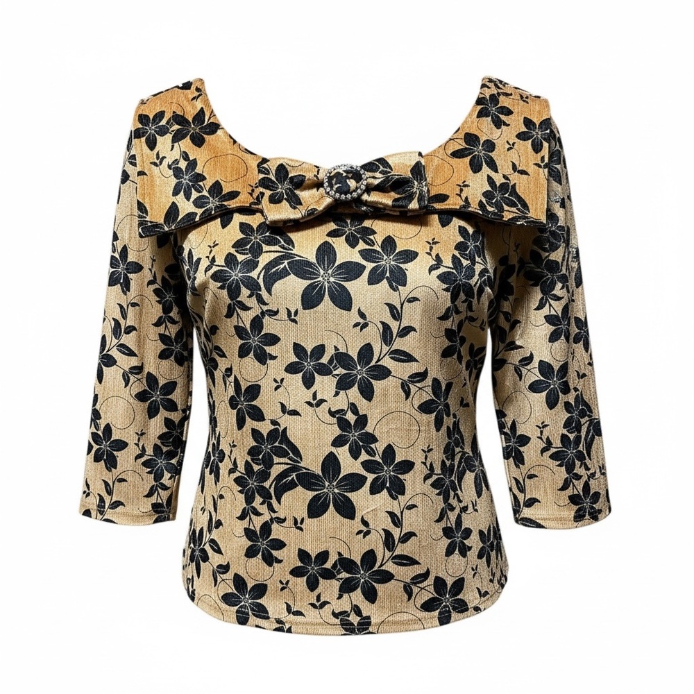 Unique Vintage Beige and Black Floral Sailor Collar Blouse